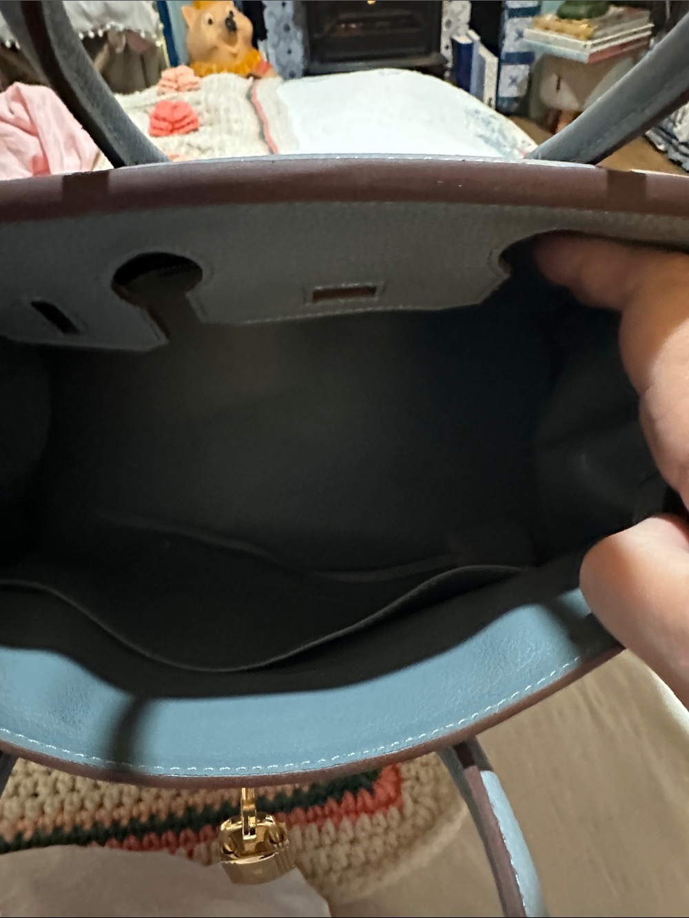 Light blue and Cream Leather-Trim Tote Bag with Gold Hardware - Picture 3 of 5